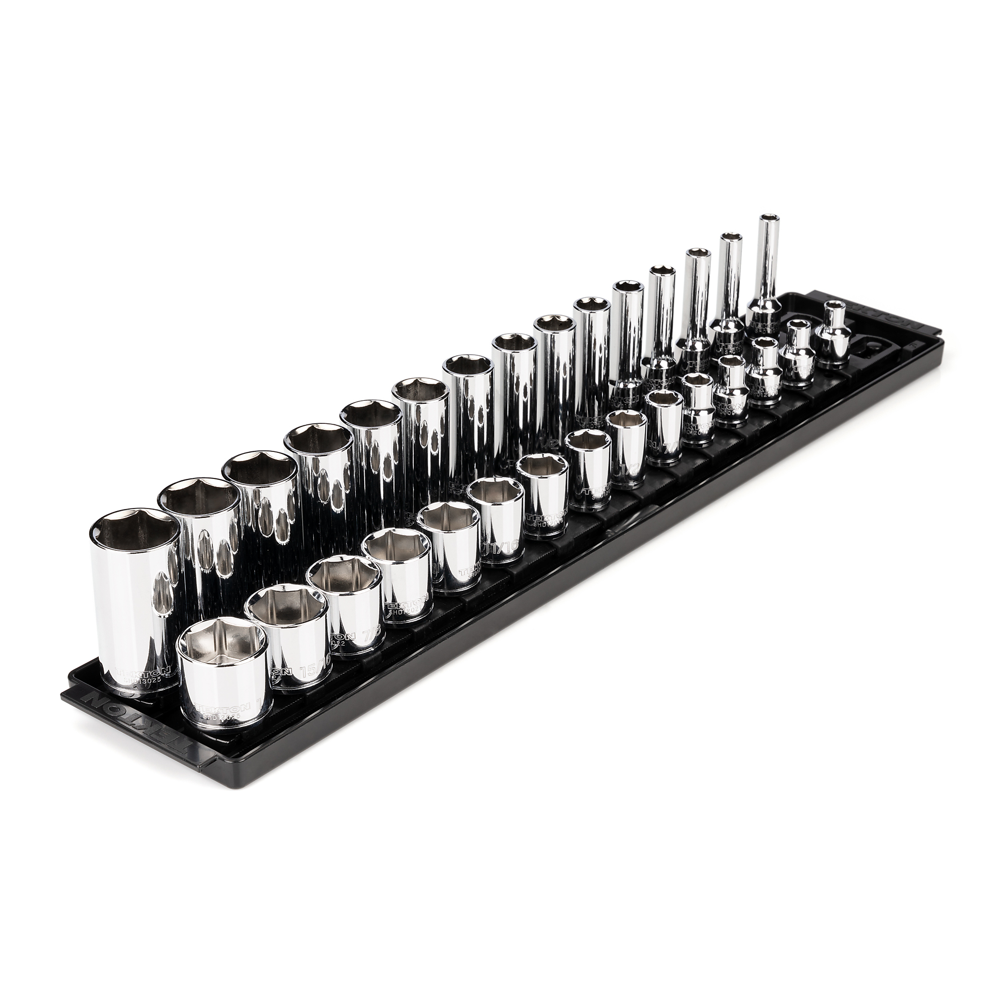 TEKTON 3/8 Inch Drive Shallow and Deep 6-Point Socket Set with Rails and Tray, 30-Piece (1/4 - 1 in.) | SHD91209